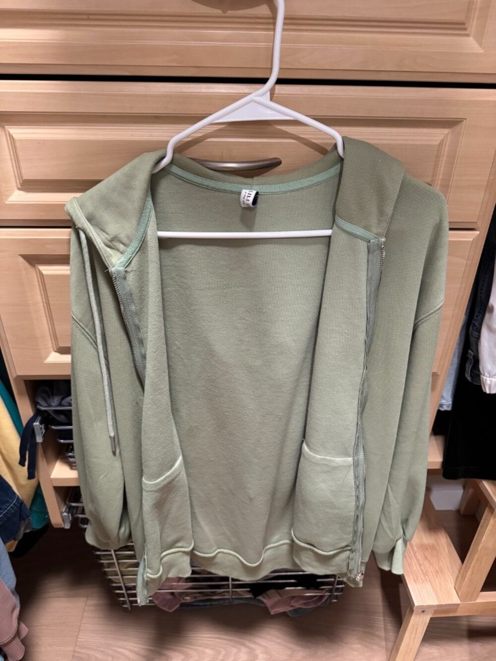 Sage Green Full-Zip Hoodie with Drawstring Hood — One Size
